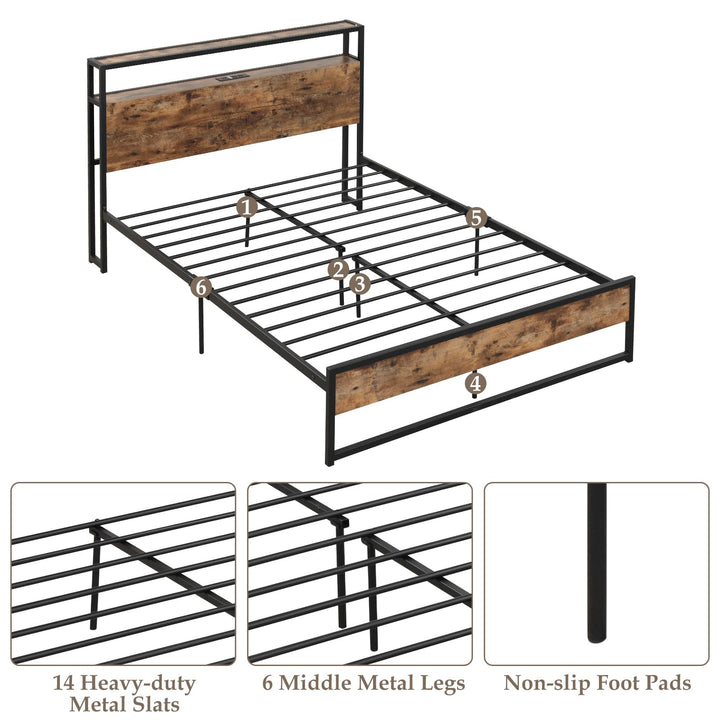 Giantex Full Bed Frame with Storage Headboard and Charging Station, with Outlets and USB Ports