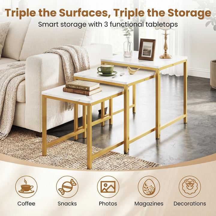 Giantex Nesting Coffee Table Set of 3 | Faux Marble Coffee Table with Metal Frame