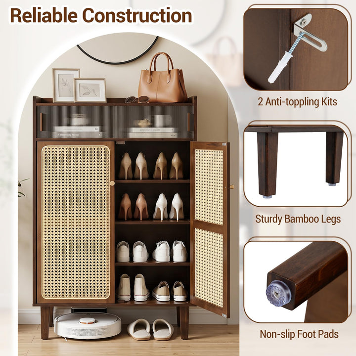 Giantex Bamboo Shoe Cabinet w/Woven Rattan Doors