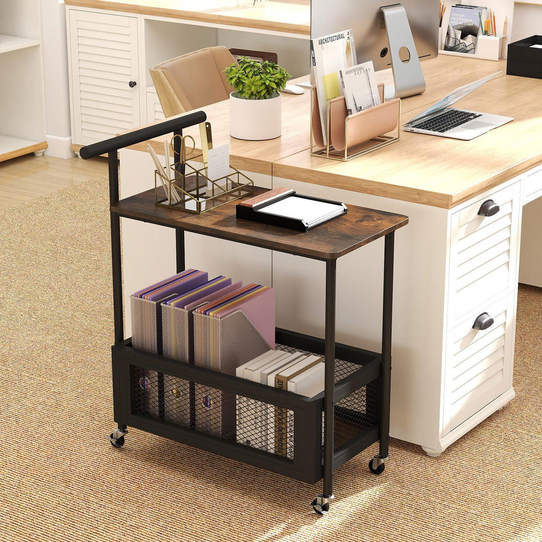Giantex Rolling End Table with Handle 2-Tier Sofa Side Table with Open Shelf &amp; Mesh Basket