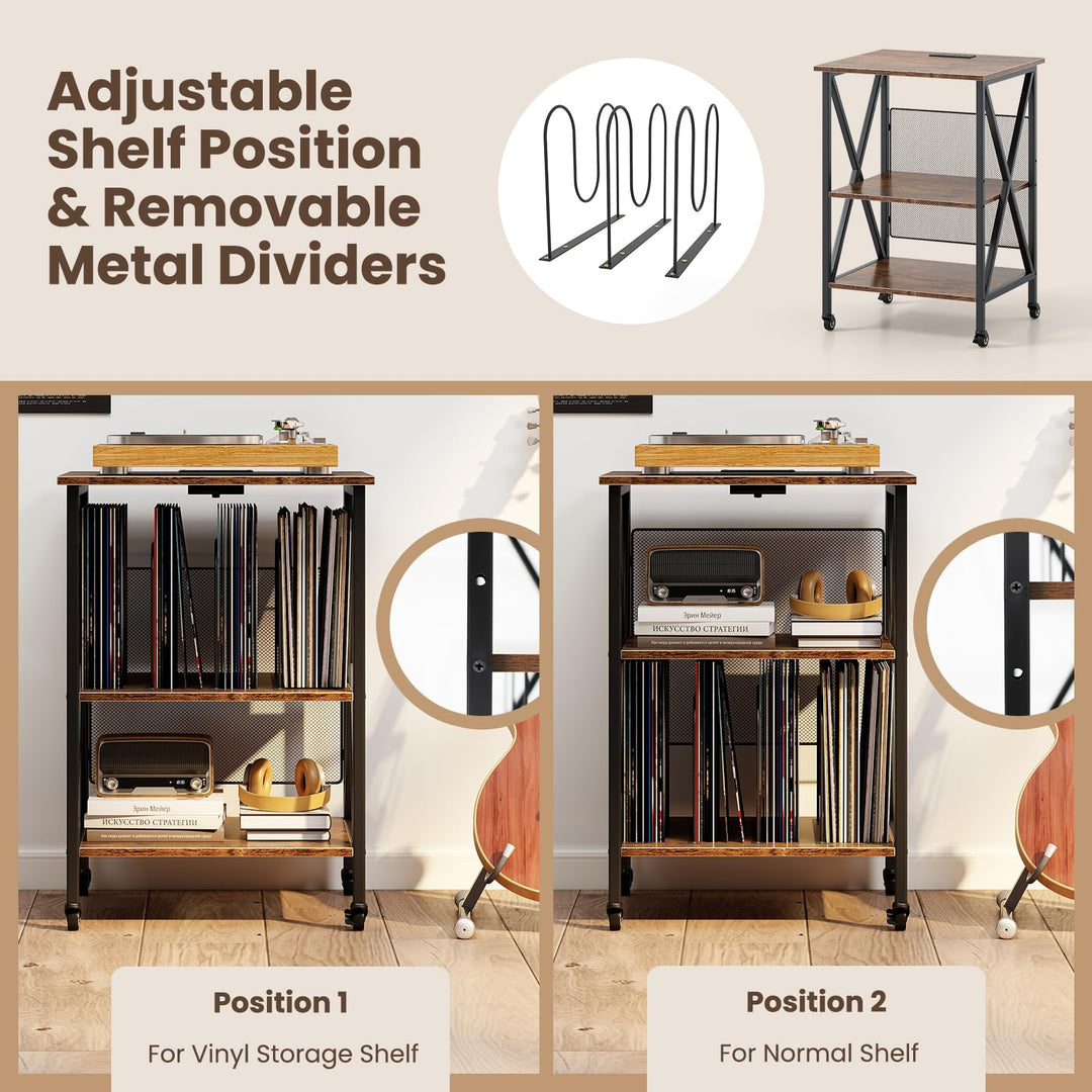 Giantex Record Player Stand with Charging Station Turntable Stand with Record Storage &amp; 4 Rolling Wheels