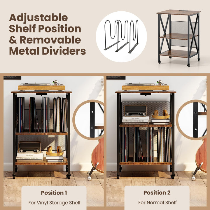Giantex Record Player Stand with Charging Station Turntable Stand with Record Storage &amp; 4 Rolling Wheels