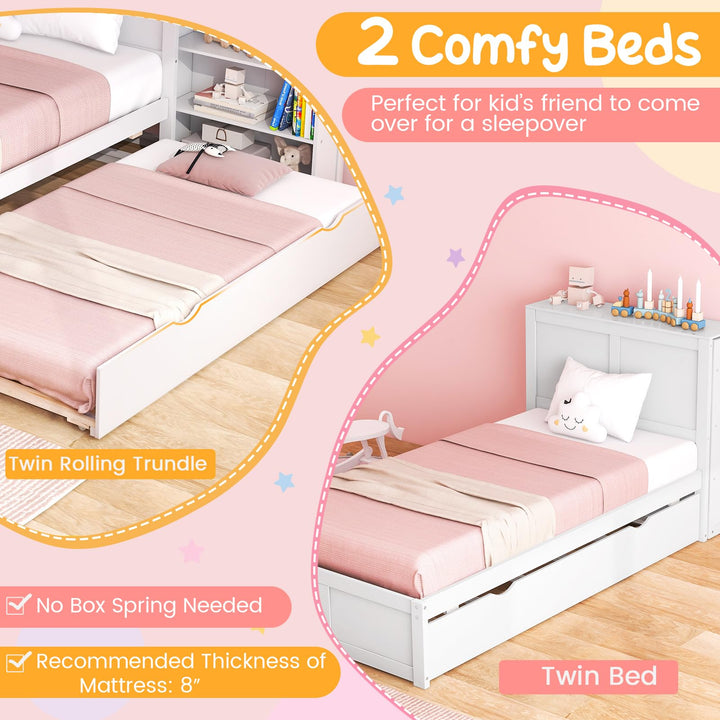 Giantex Full Bed Frame with Twin Trundle, Wooden Bed Wooden Bed Frame with 2 Rolling Bookcases &amp; High Headboard
