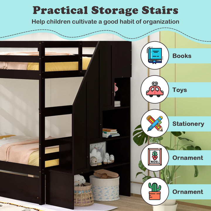 Giantex Bunk Bed Twin Over Twin with Storage Stairs &amp; Drawers, Solid Wood Bunk Bed with Full-Length Guardrails