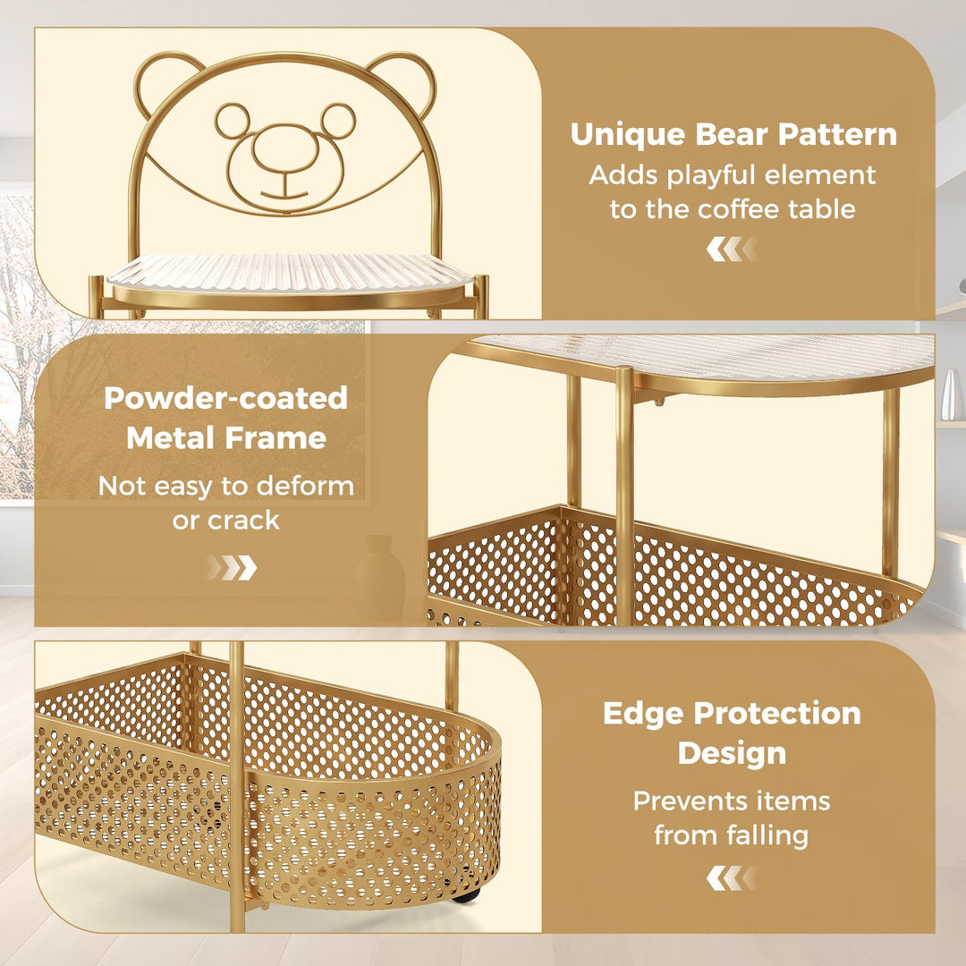 Giantex Mobile Glass Coffee Table, 2-Tier Modern Cocktail Table with Bear Pattern, Storage Basket &amp; Metal Frame