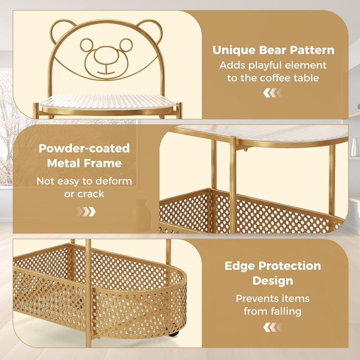 Giantex Mobile Glass Coffee Table, 2-Tier Modern Cocktail Table with Bear Pattern, Storage Basket &amp; Metal Frame