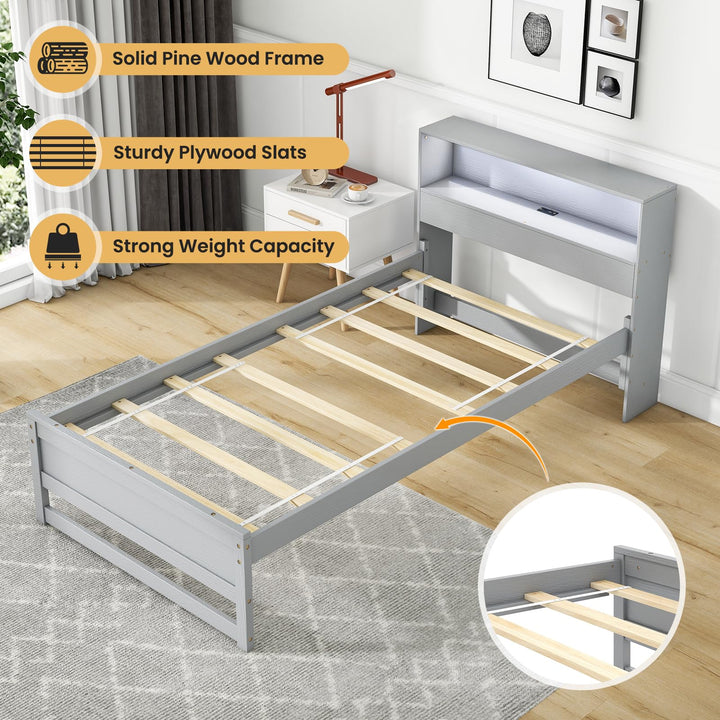 Giantex Twin Bed Frames with Storage Headboard, Wood Platform Bed with Charging Station &amp; LED Light