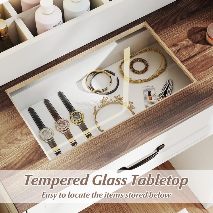 CHARMAID Glass Top Vanity Desk with Lighted Mirror Storage Stool &amp; Drawers