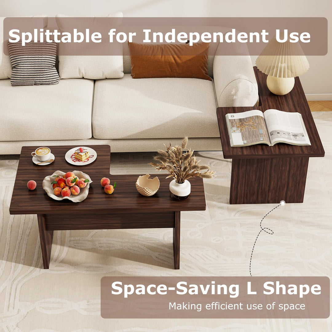 Giantex L-Shaped Coffee Table Set of 2 Modular Nesting Center Table with Grain Finish