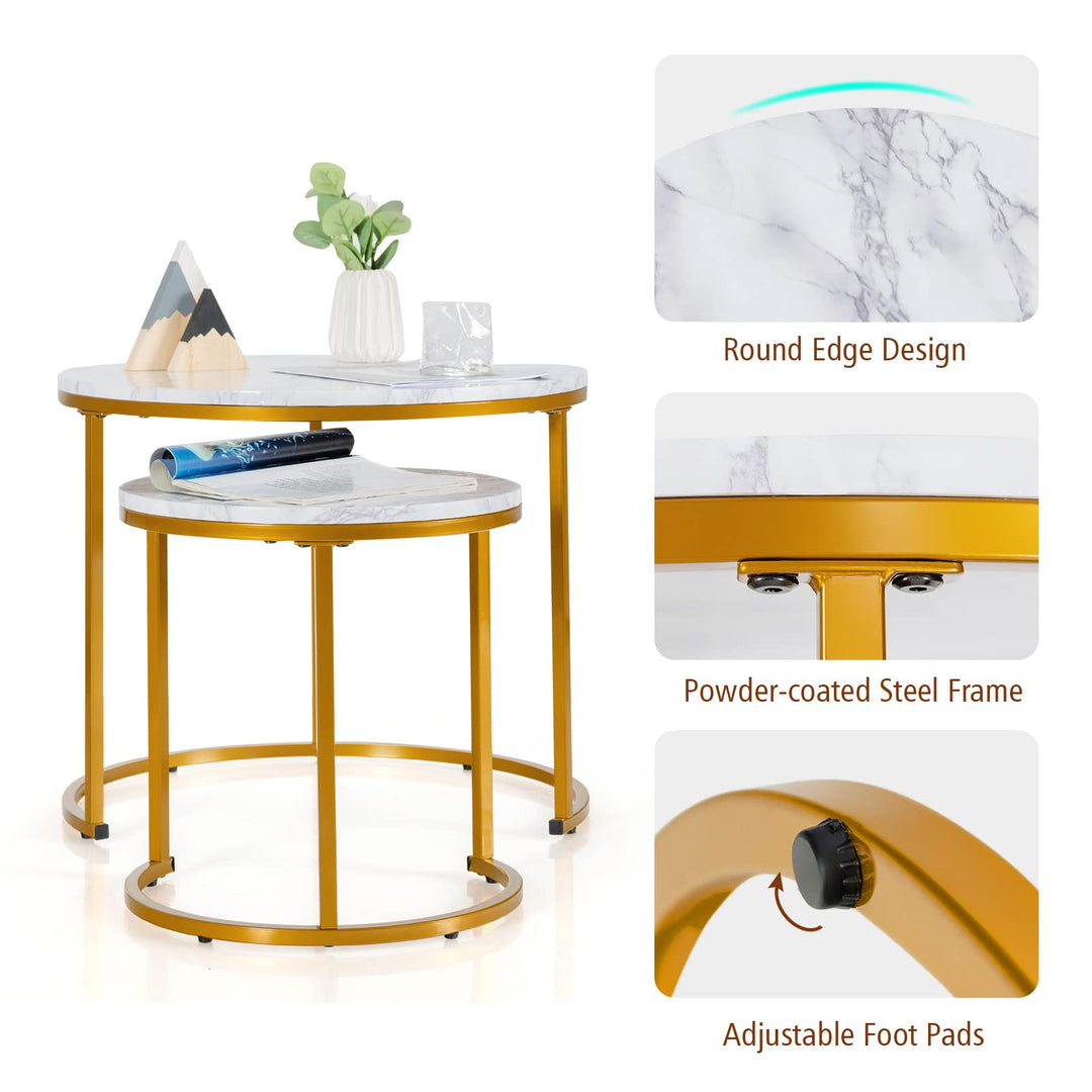 Giantex Nesting Coffee Table Set of 2, Round Stacking Side Tables with Wooden Tabletop &amp; Powder Coated Steel Frame