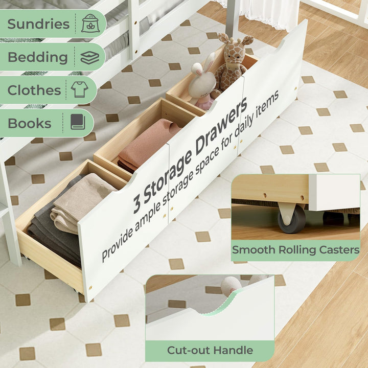 Giantex Twin Low Loft Bed with 3 Drawers, Wooden Loft Bed Frame with Ladder &amp; Full-length Guardrails