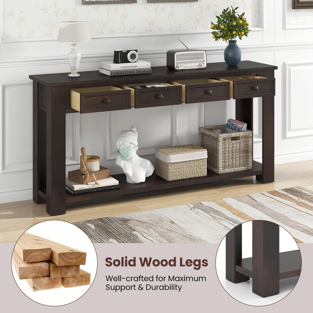 Giantex 63" Farmhouse Entryway Table, Narrow Console Table w/ 4 Storage Drawers &amp; Open Shelf