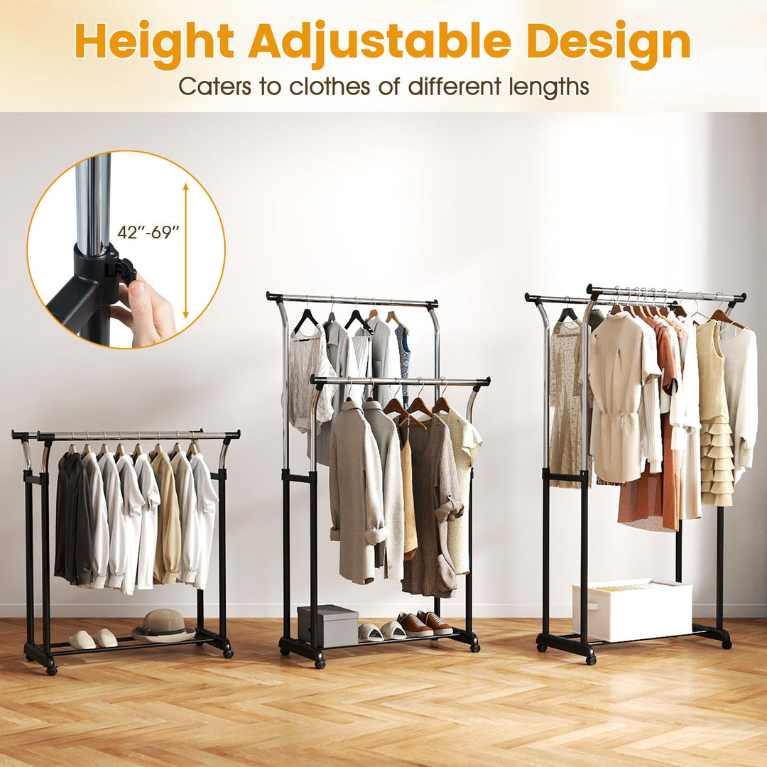 Giantex Double Rod Clothing Rack with Adjustable Height &amp; Wheels