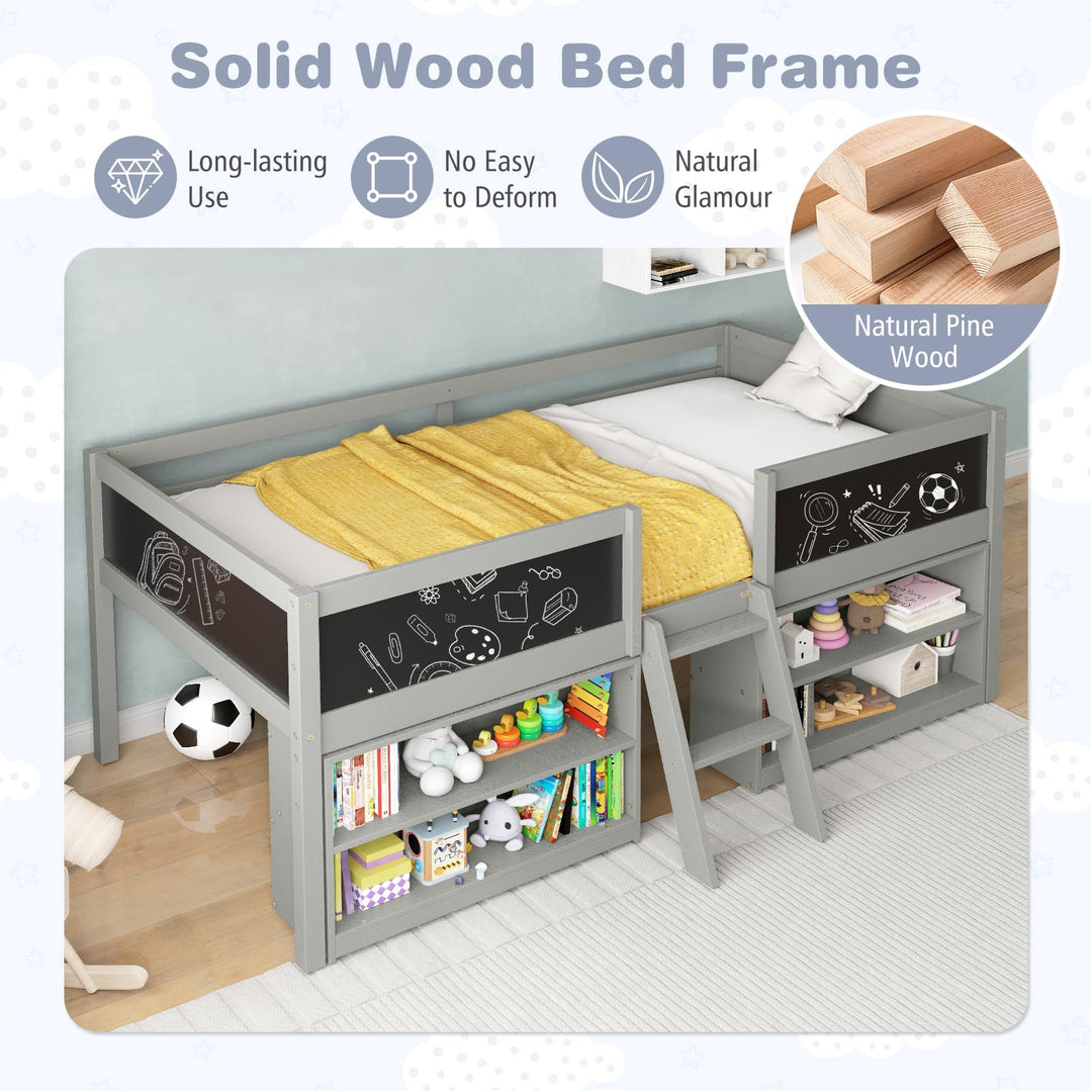Giantex Low Loft Bed Twin Size, Wooden Loft Bed with Ladder &amp; Blackboard