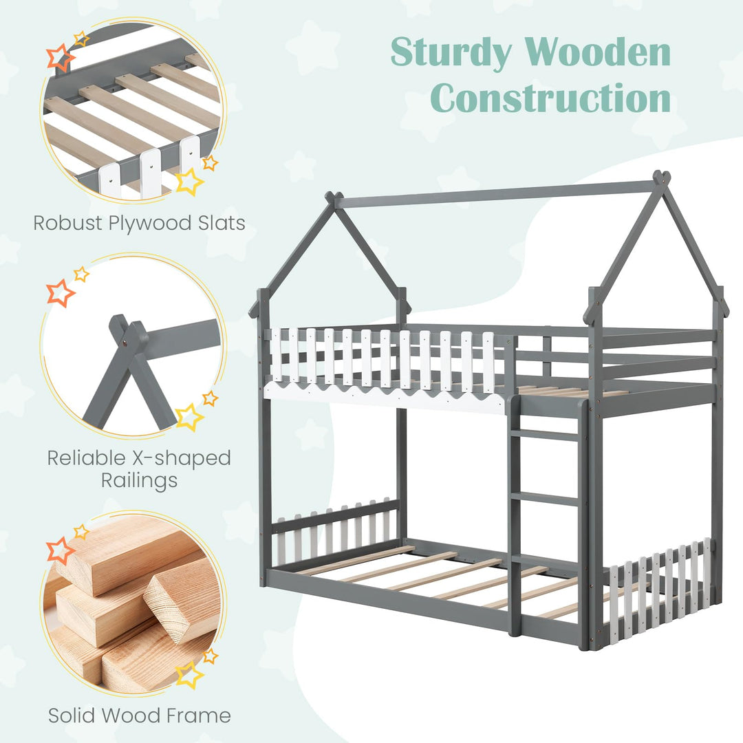 Giantex Bunk Bed Twin Over Twin, Wood House Low Bunk Bed with Ladder &amp; Fence Safety Guardrail