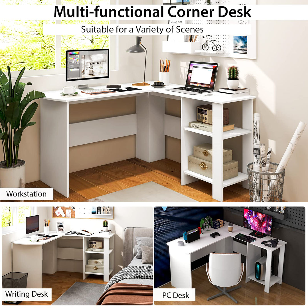 Giantex L Shaped Computer Desk, 51" Large Corner Desk with 2 Cable Holes &amp; 2 Storage Shelves, White