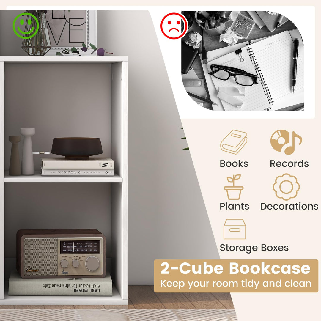 Giantex 2-Cube Bookcase, White Cubby Bookshelf w/Back Guardrail &amp; Anti-Tipping Kits