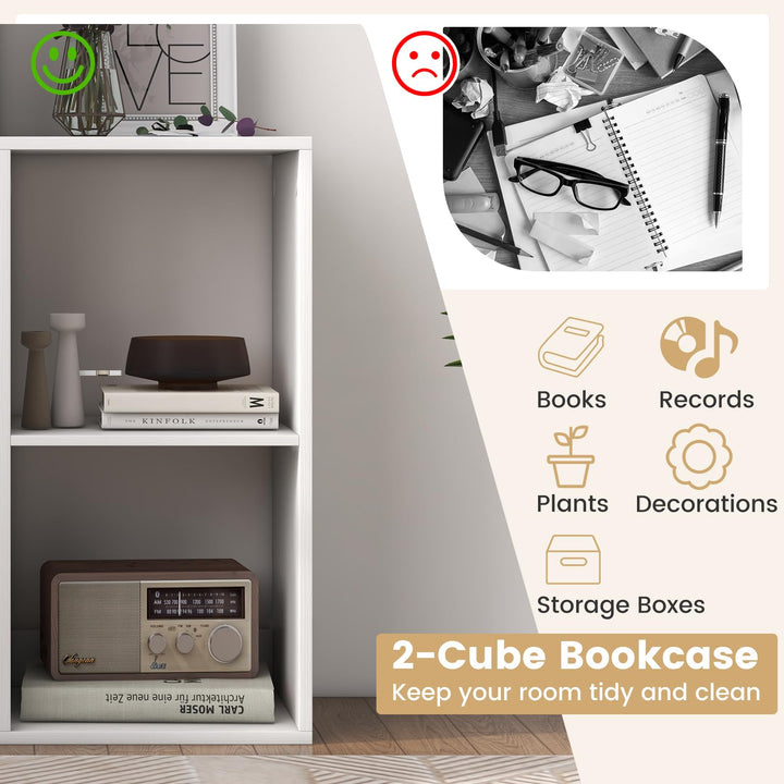 Giantex 2-Cube Bookcase, White Cubby Bookshelf w/Back Guardrail &amp; Anti-Tipping Kits