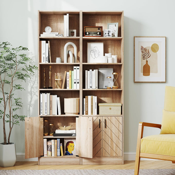 Giantex 6-Tier Bookshelf with Double Doors, 71" Tall Bookcase w/ 4 Open Cubes &amp; 3 Adjustable Shelves