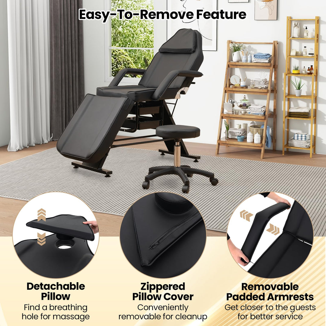 Giantex 72" Massage Bed with Hydraulic Stool, 3-Section Tattoo Chair with Adjustable Backrest, Legrest &amp; Storage Boxes