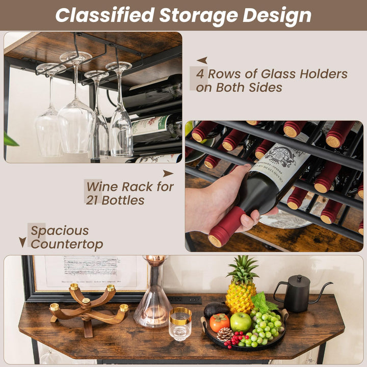 Giantex Wine Bar Cabinet with Power Outlet, Mini Coffee Bar Stand Table with 21 Bottle Wine Rack &amp; Glass Holders