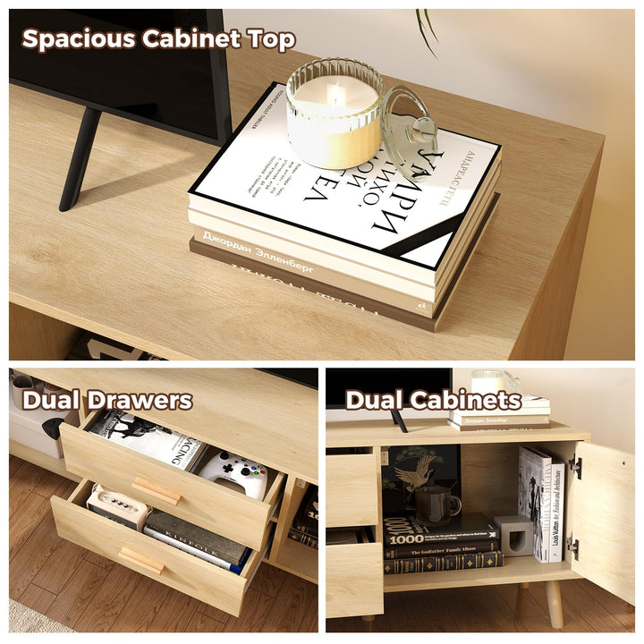 Giantex Rattan TV Stand for TVs up to 65 Inch, 59" TV Console Cabinet with Drawers &amp; Solid Wood Legs