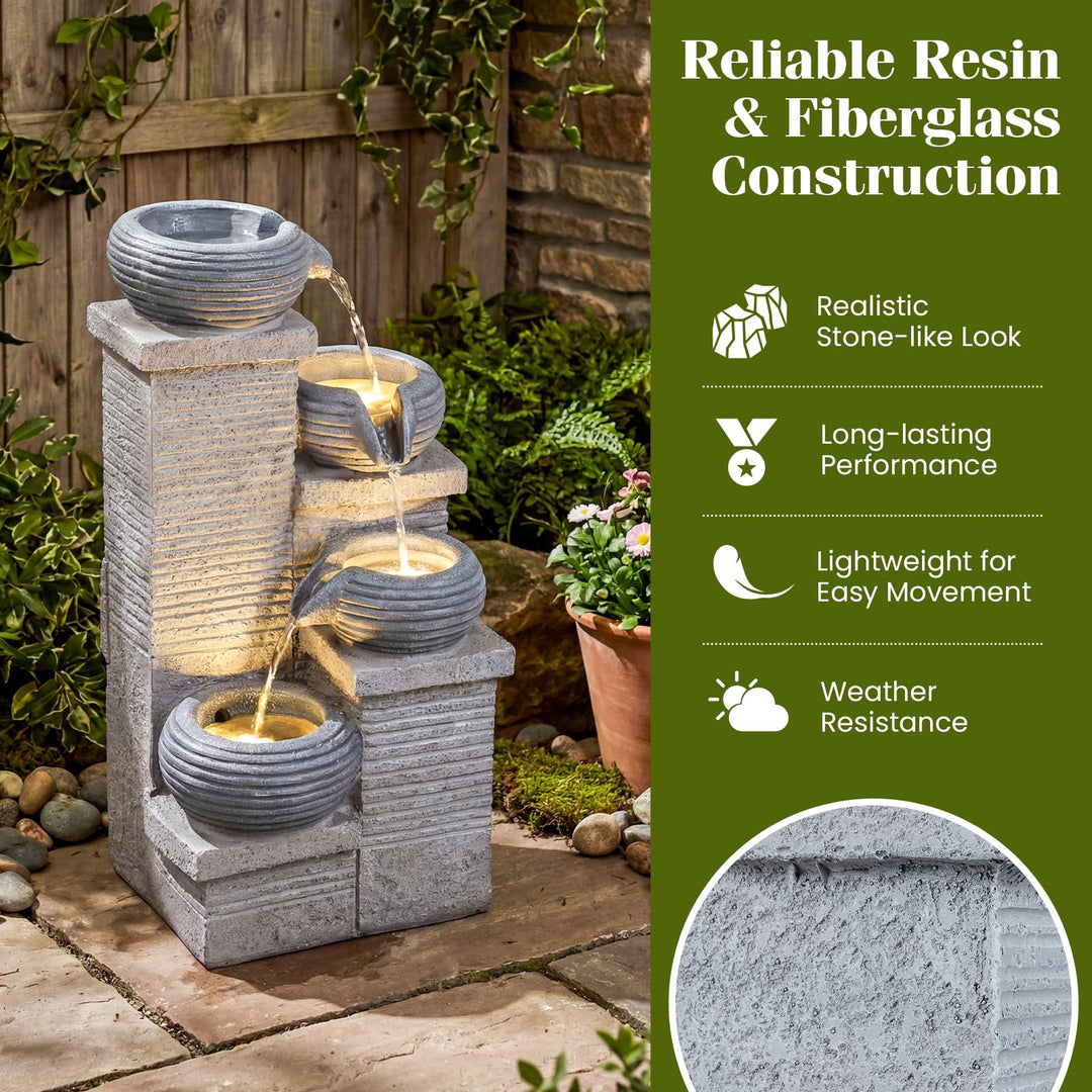 Giantex 4-Tier Water Fountain Outdoor with Warm LED Lights &amp; Pump