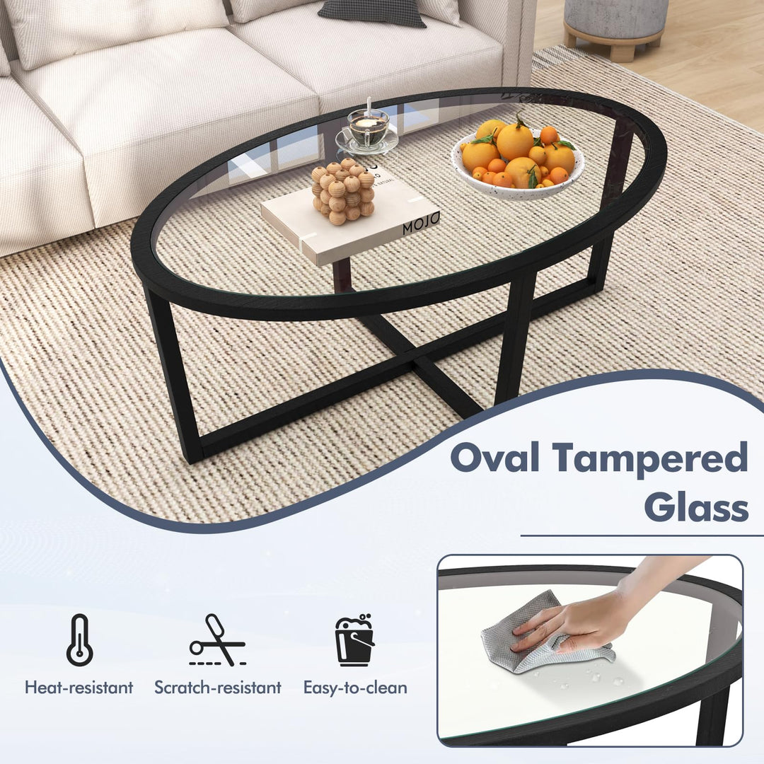 Giantex Glass Coffee Table, 46.5" Oval Accent Sofa Tea Table with Tempered Glass Top, Cross Base &amp; Acacia Wood Legs