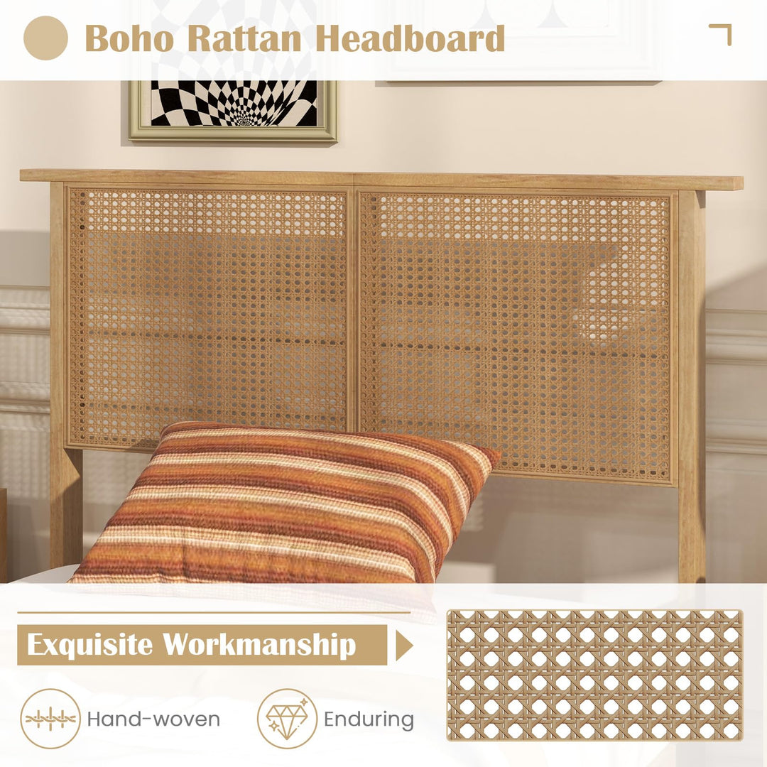 Giantex Queen/Full/Twin Size Bed Frames with Rattan Headboard, Boho Solid Wood Platform Bed with Wooden Slats