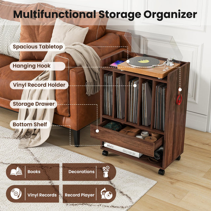 Giantex Record Player Stand, Rolling Turntable Stand with Drawer, Hook &amp; Lockable Wheels