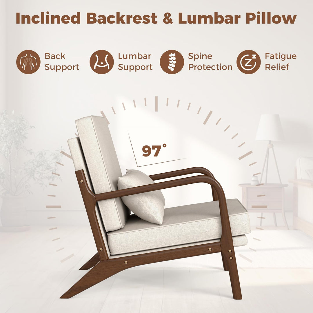 Giantex Mid Century Modern Accent Chair, Upholstered Armchair with Pillow, Rubber Wood Armrests &amp; Legs