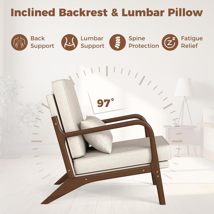 Giantex Mid Century Modern Accent Chair, Upholstered Armchair with Pillow, Rubber Wood Armrests &amp; Legs