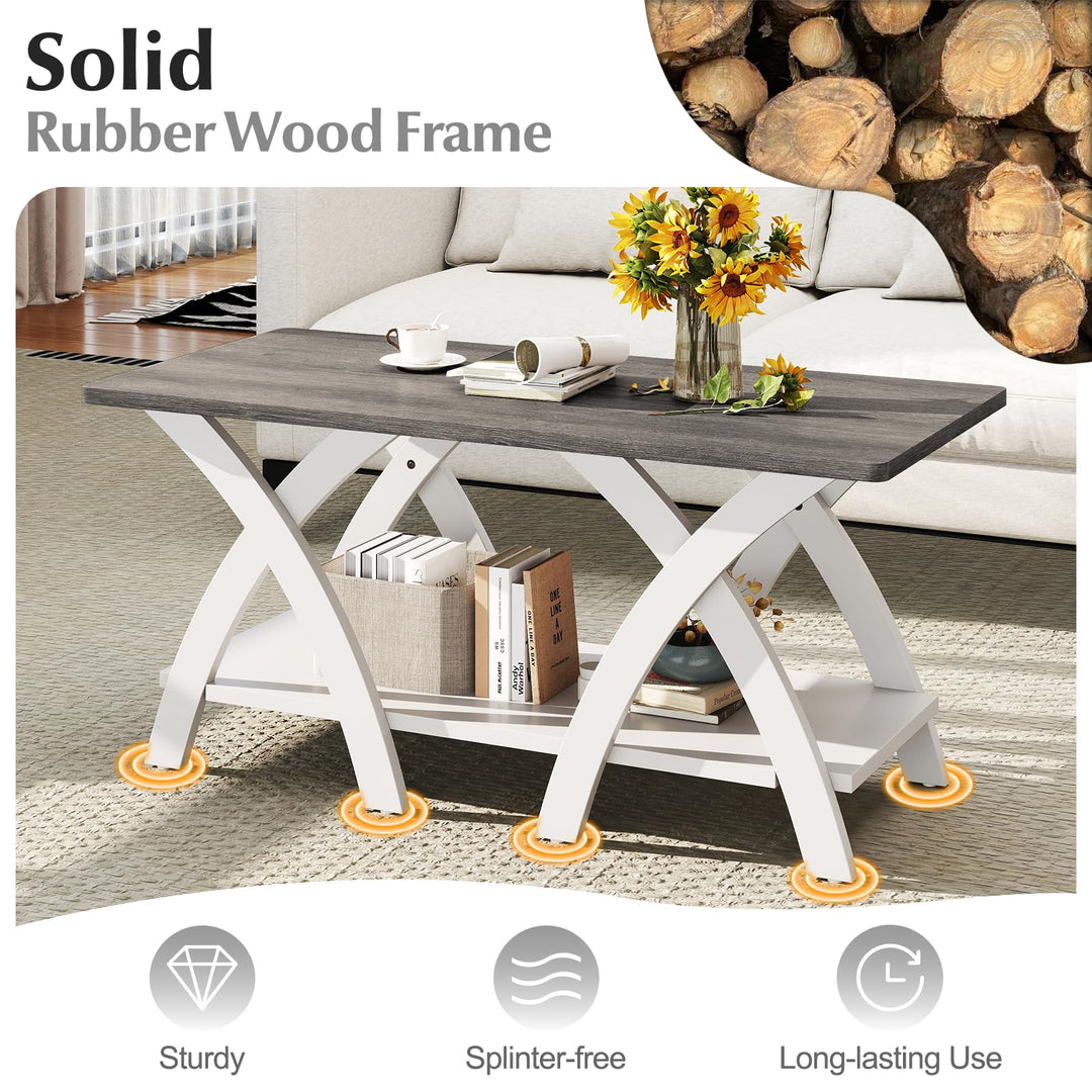 Giantex Farmhouse Coffee Table 2-Tier Wood Center Table with Storage Shelf &amp; X-Shaped Support Legs