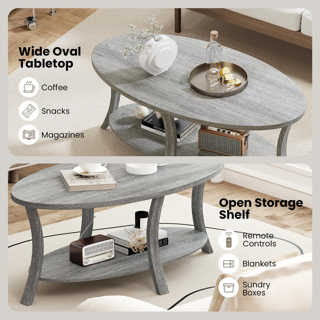 Giantex 44 Inch Oval Coffee Table 2-Tier Center Table with Storage Shelf &amp; Rubber Wood Frame
