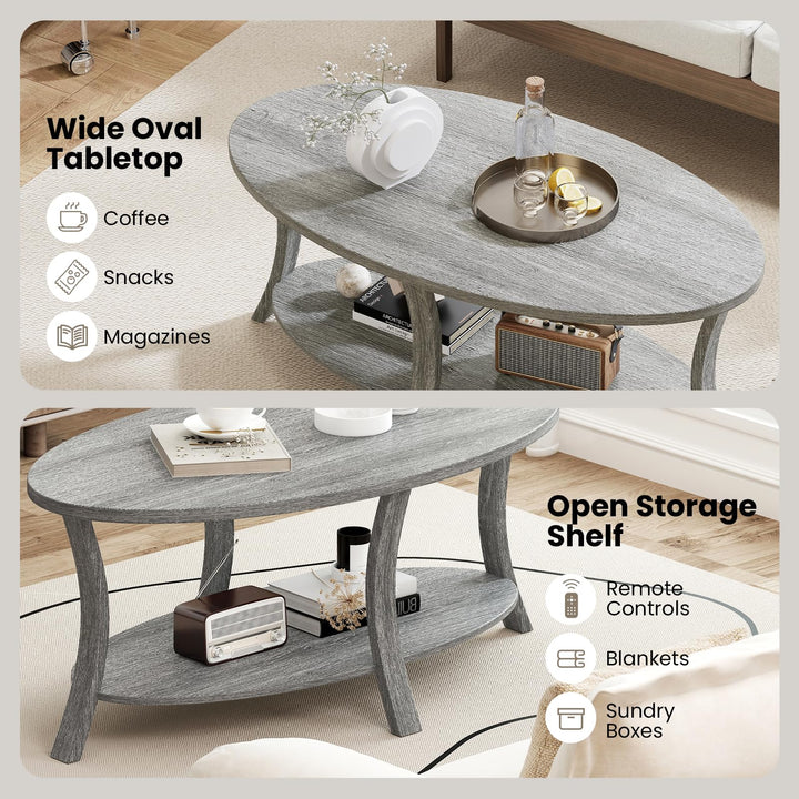 Giantex 44 Inch Oval Coffee Table 2-Tier Center Table with Storage Shelf &amp; Rubber Wood Frame