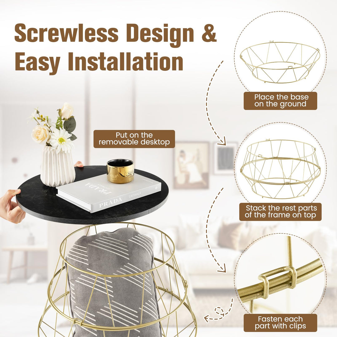Giantex Round Coffee Table, Faux Marble Side End Table with Gold Metal Frame &amp; Removeable Top