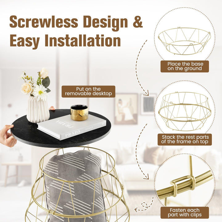 Giantex Round Coffee Table, Faux Marble Side End Table with Gold Metal Frame &amp; Removeable Top