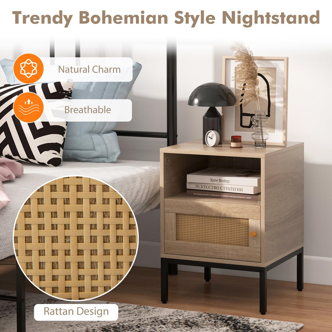 Giantex Rattan Nightstand, Boho Night Stand with Open Storage Shelf &amp; Rattan Decorative Door