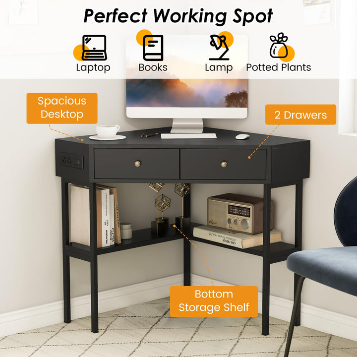 Giantex Corner Desk with Charging Station, 90 Degree Triangle Computer Desk with 2 Drawers &amp; Storage Shelf