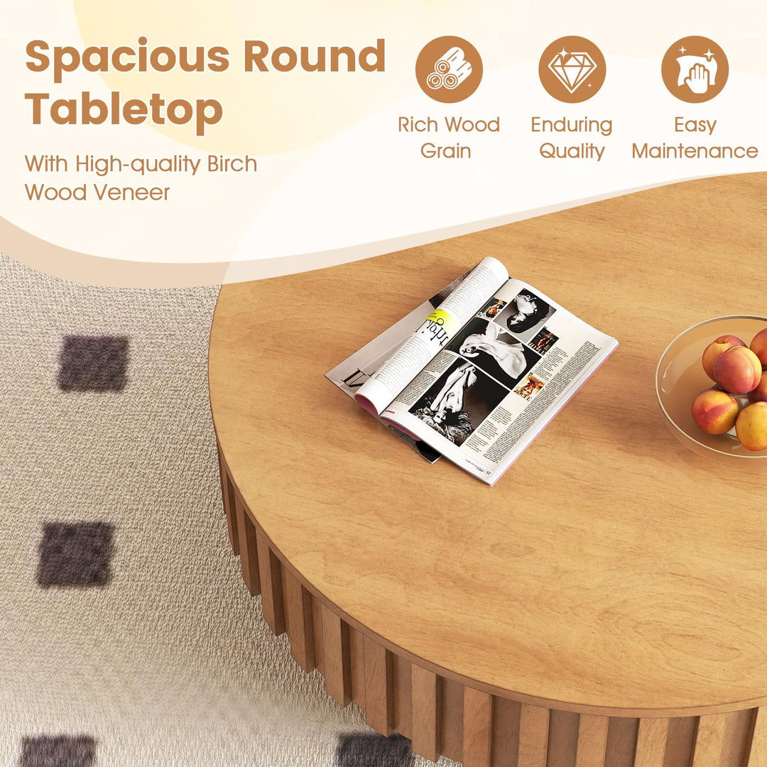 Giantex Round Coffee Table with Storage | Modern Drum Fluted Center Table with Solid Wood Veneered