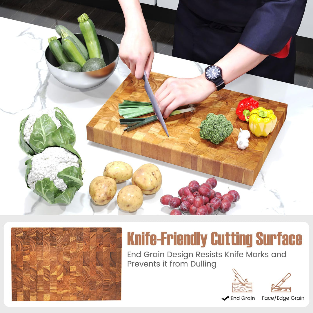 Giantex Teak Wood Cutting Board, 18" End Grain Chopping Block with Hand Grip, Pre-Conditioned With Natural Waxes &amp; Oils