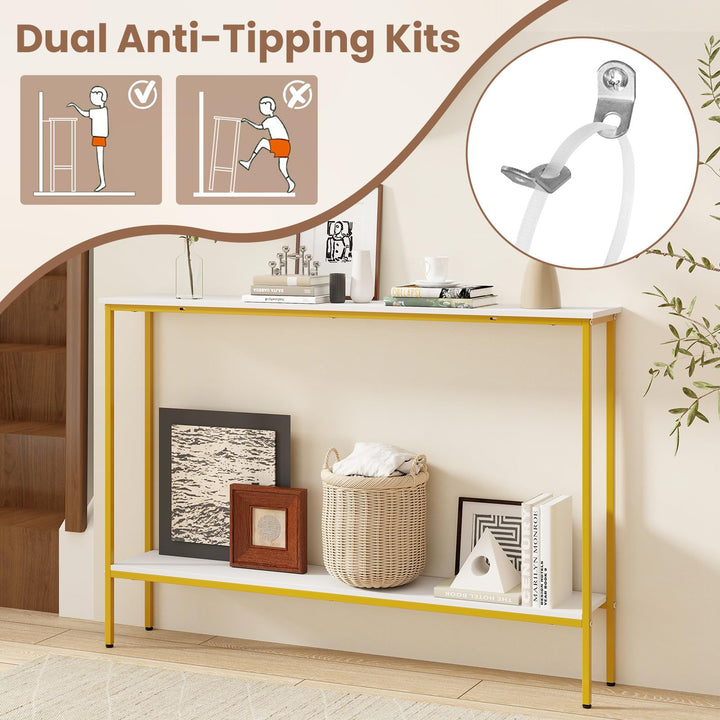 Giantex Gold Console Table with Shelf, 44" Narrow Entryway Table w/Dual Anti-Tipping Kits &amp; Golden Metal Frame