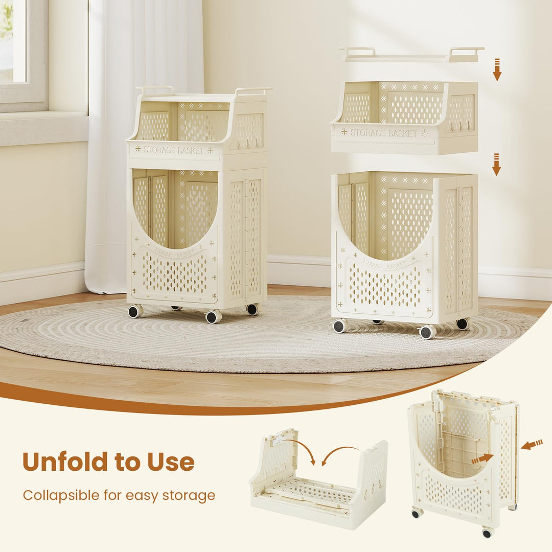 Giantex 3-Tier Rolling Laundry Cart with wheels Folding Laundry Basket with 2 Baskets
