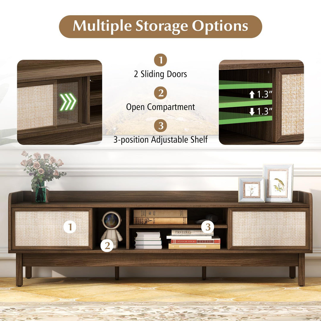 Giantex TV Stand for 65” TV, Entertainment Center with Woven Doors, Sliding Door, Adjustable Shelf &amp; Compartment