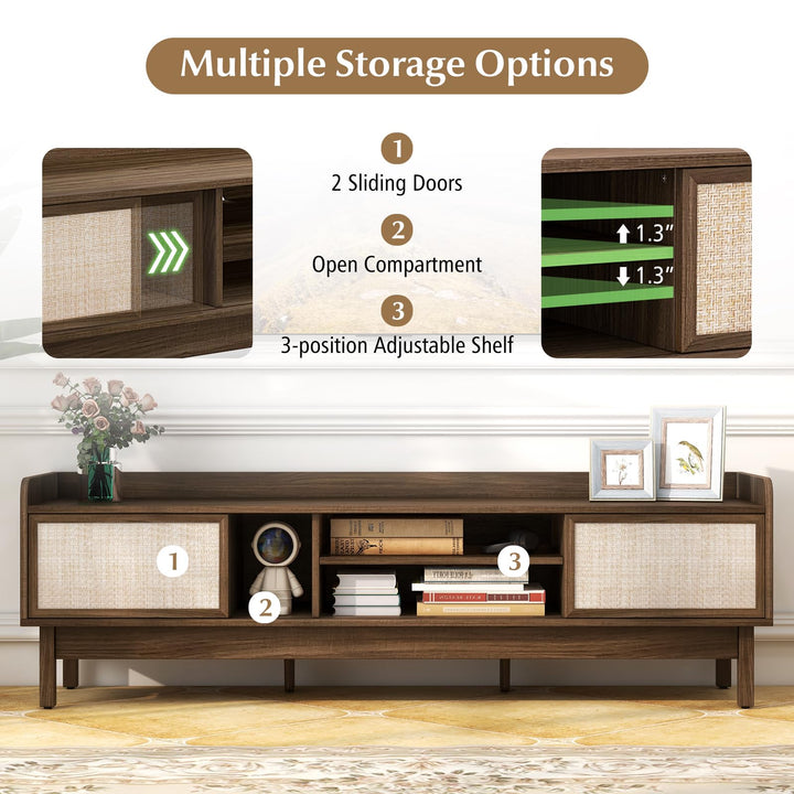 Giantex TV Stand for 65” TV, Entertainment Center with Woven Doors, Sliding Door, Adjustable Shelf &amp; Compartment