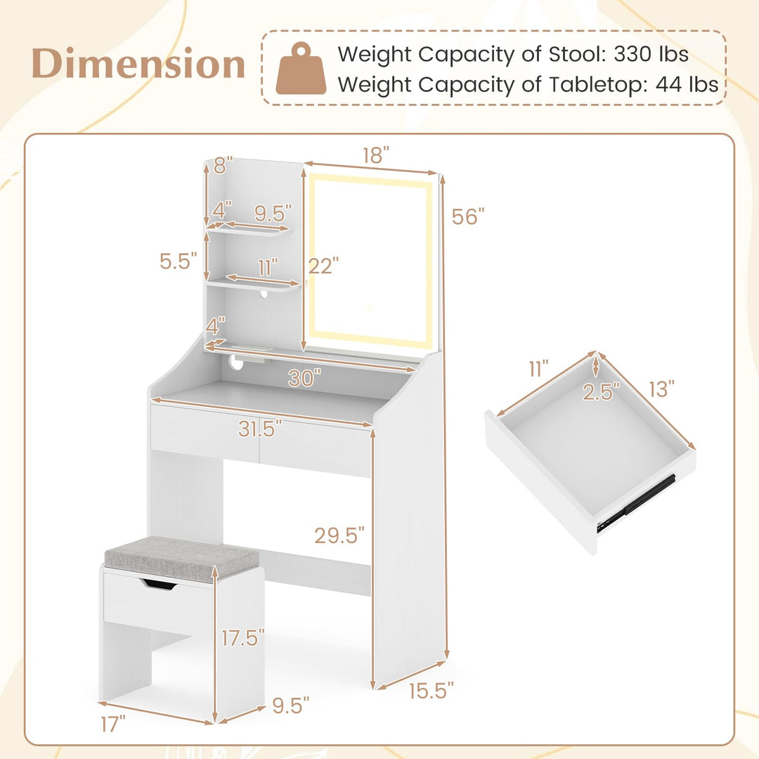 CHARMAID White Vanity Desk with LED Lighted Mirror