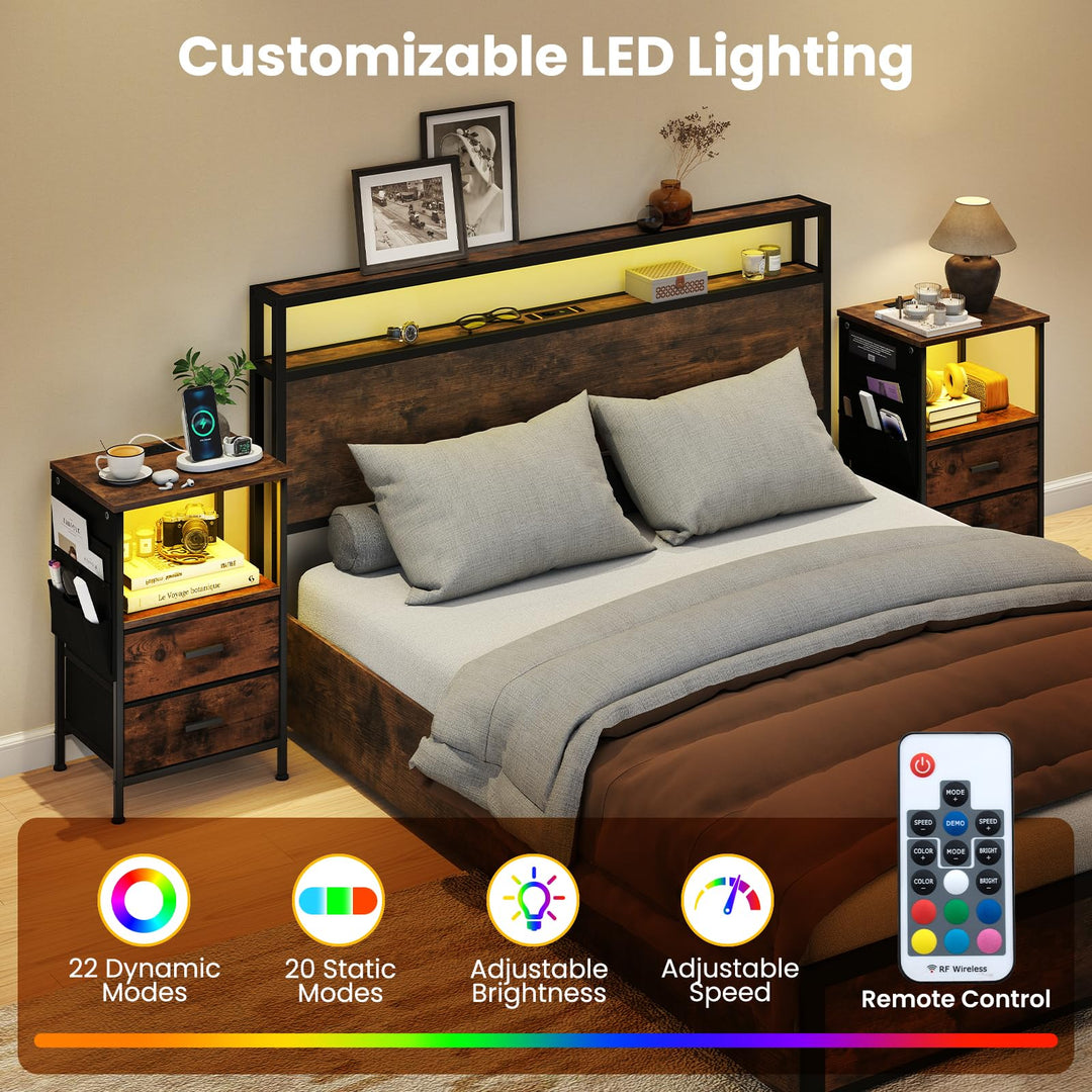 Giantex Night Stand with Charging Station | LED Sofa End Table w/2 Folding Fabric Drawers