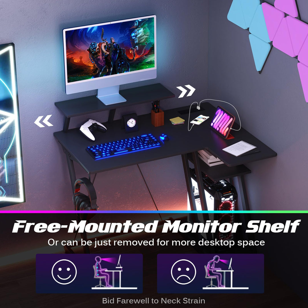 Giantex L Shaped Gaming Desk with Outlets &amp; USB Ports, Small Computer Desk with Monitor Shelf