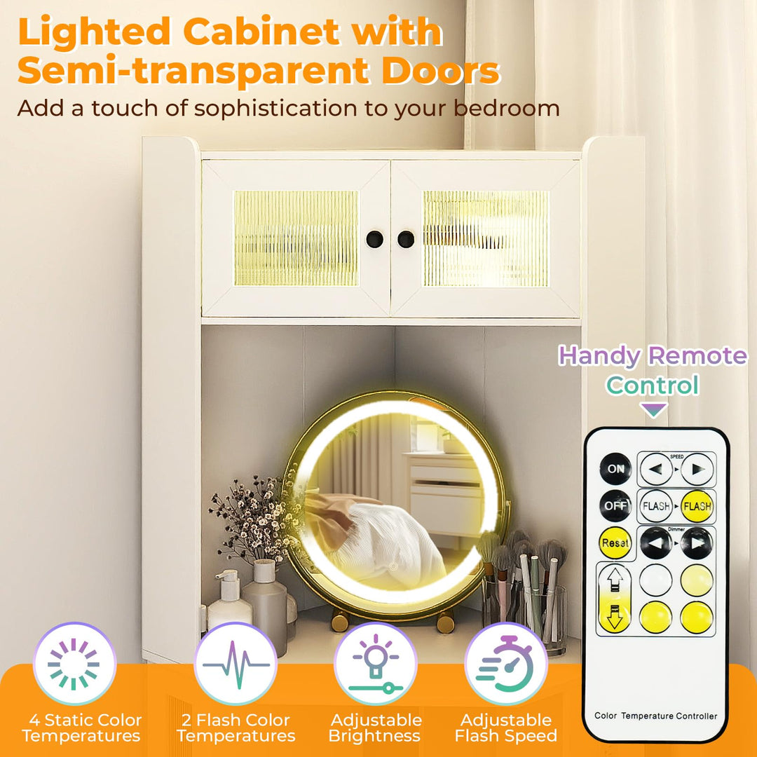 CHARMAID Corner Vanity Desk with LED Mirror &amp; Lighted Fluted Cabinet