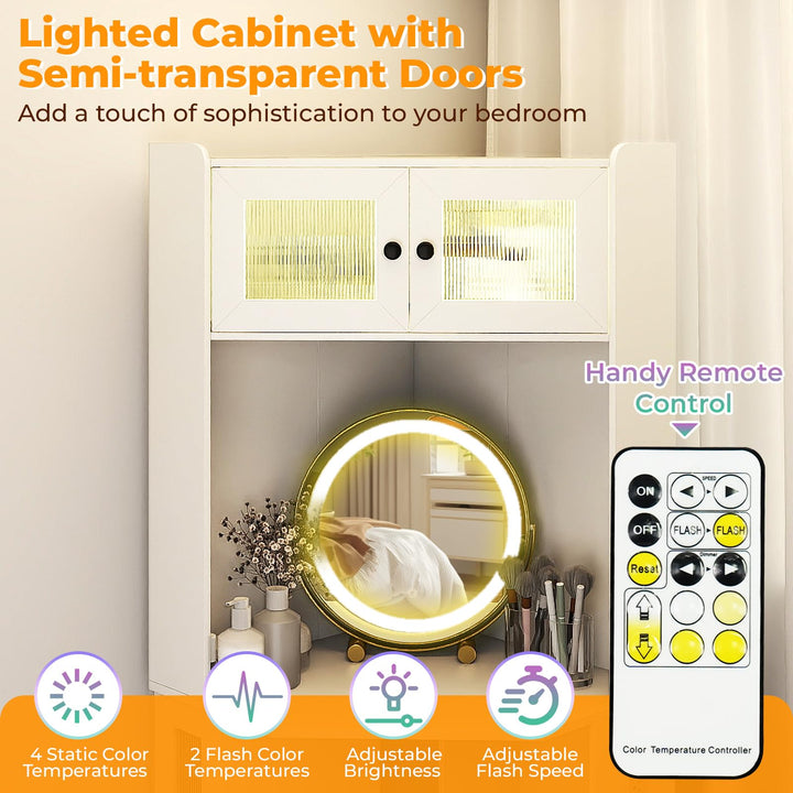 CHARMAID Corner Vanity Desk with LED Mirror &amp; Lighted Fluted Cabinet